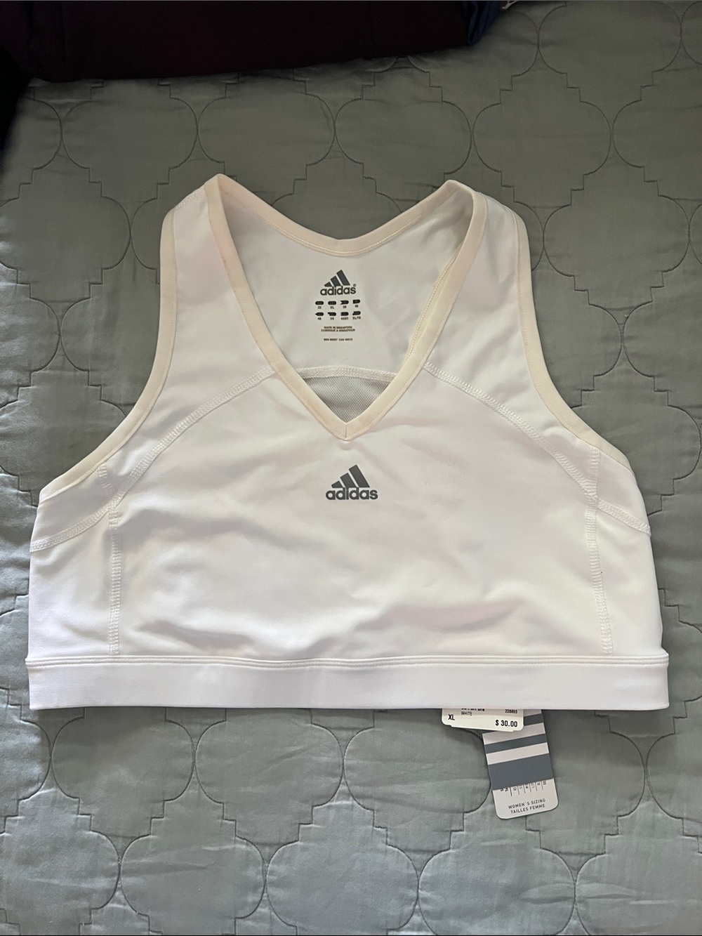 adidas White V-Neck Athletic Sports Bra with Subtle Cream Trim